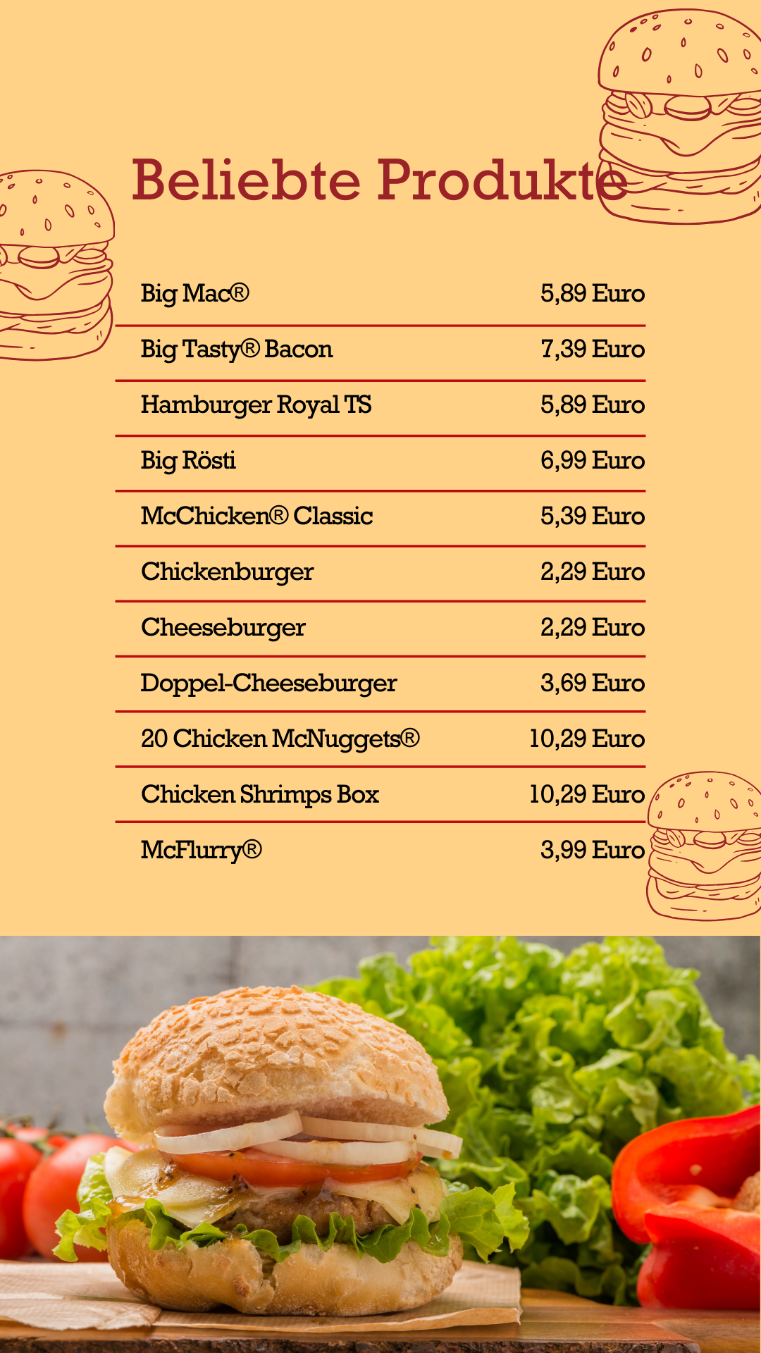 Beliebte Produkte McDonalds Preise